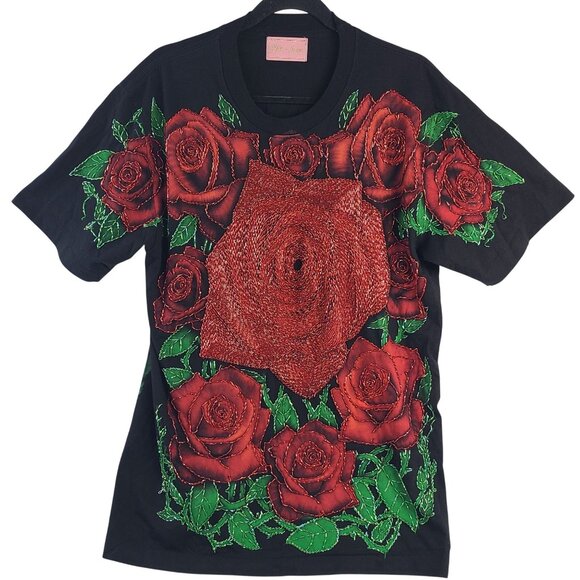 Mfri-Jean Other - Mfi-Jean Black T-Shirt With Red Beaded Rose Embroidery - Size Medium